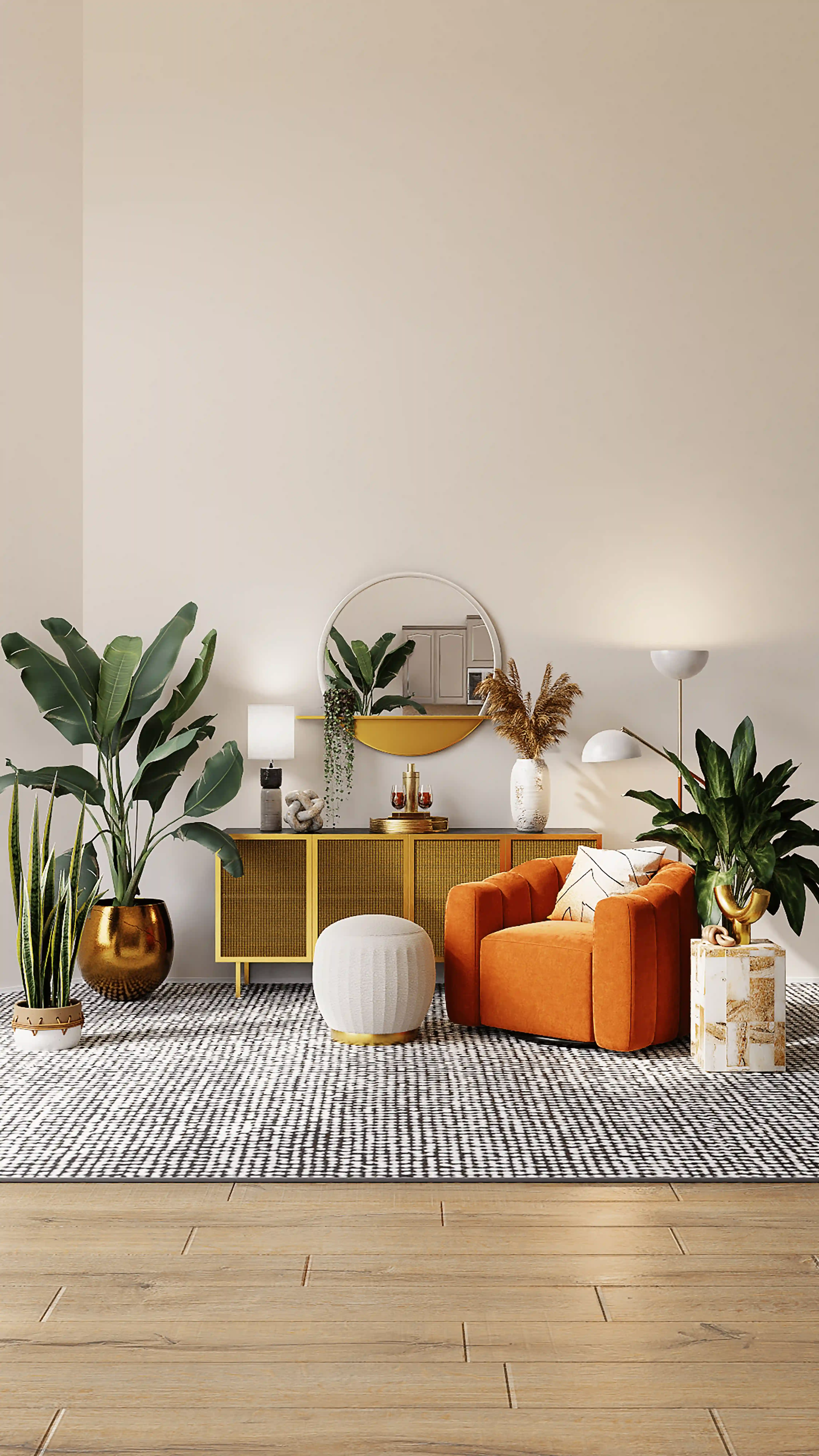 A simple living room with chair and glass